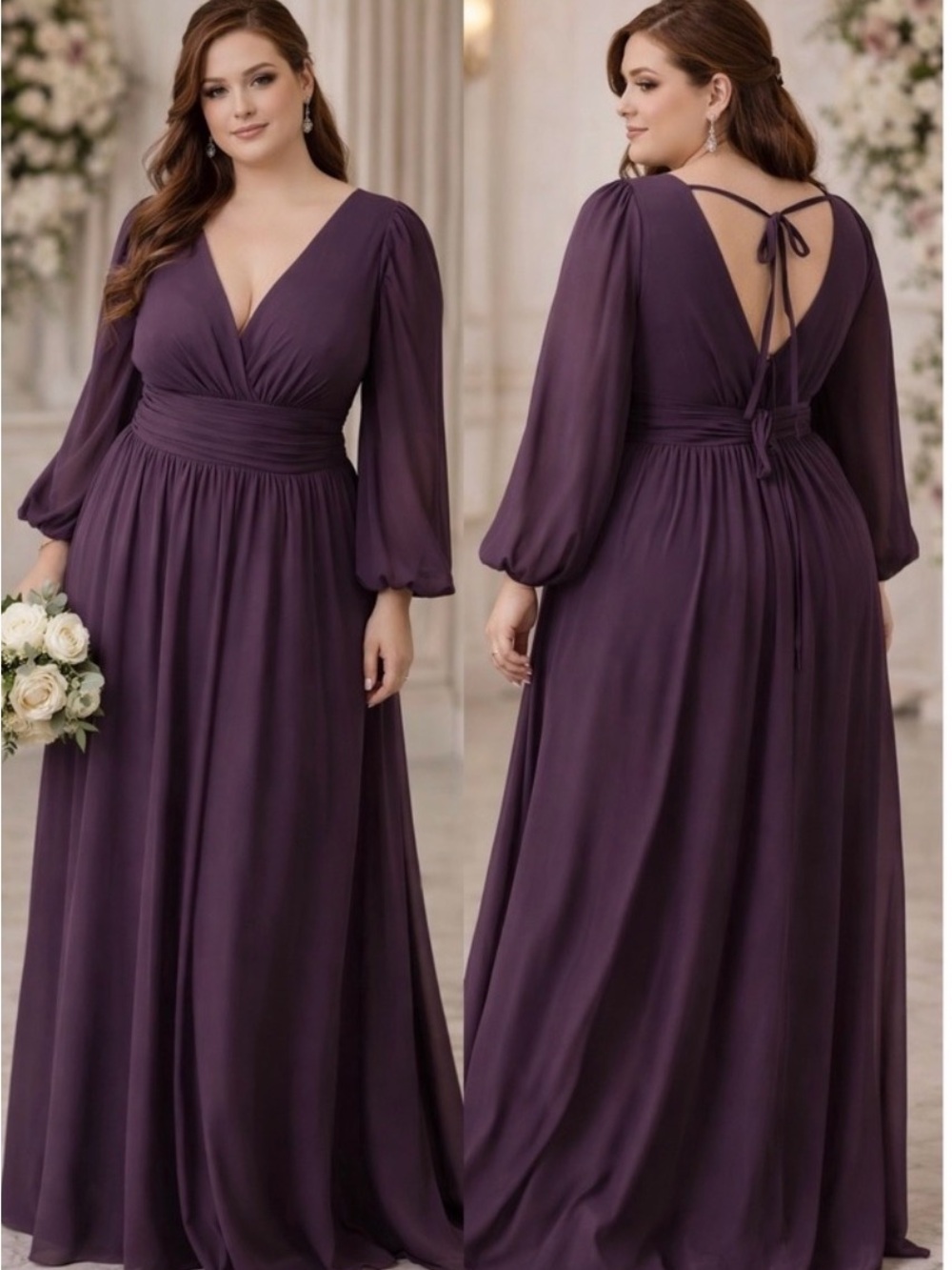 Azazie Norah Plum Long Sleeve V-Neck Chiffon Maxi Gown-Plus size NEW with tags